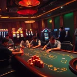 Experience the thrill of king88 at a bustling casino table filled with players and vibrant slot machines.