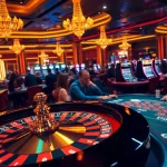 A luxurious casino scene featuring e28-themed poker tables and vibrant roulette wheels filled with excited players.