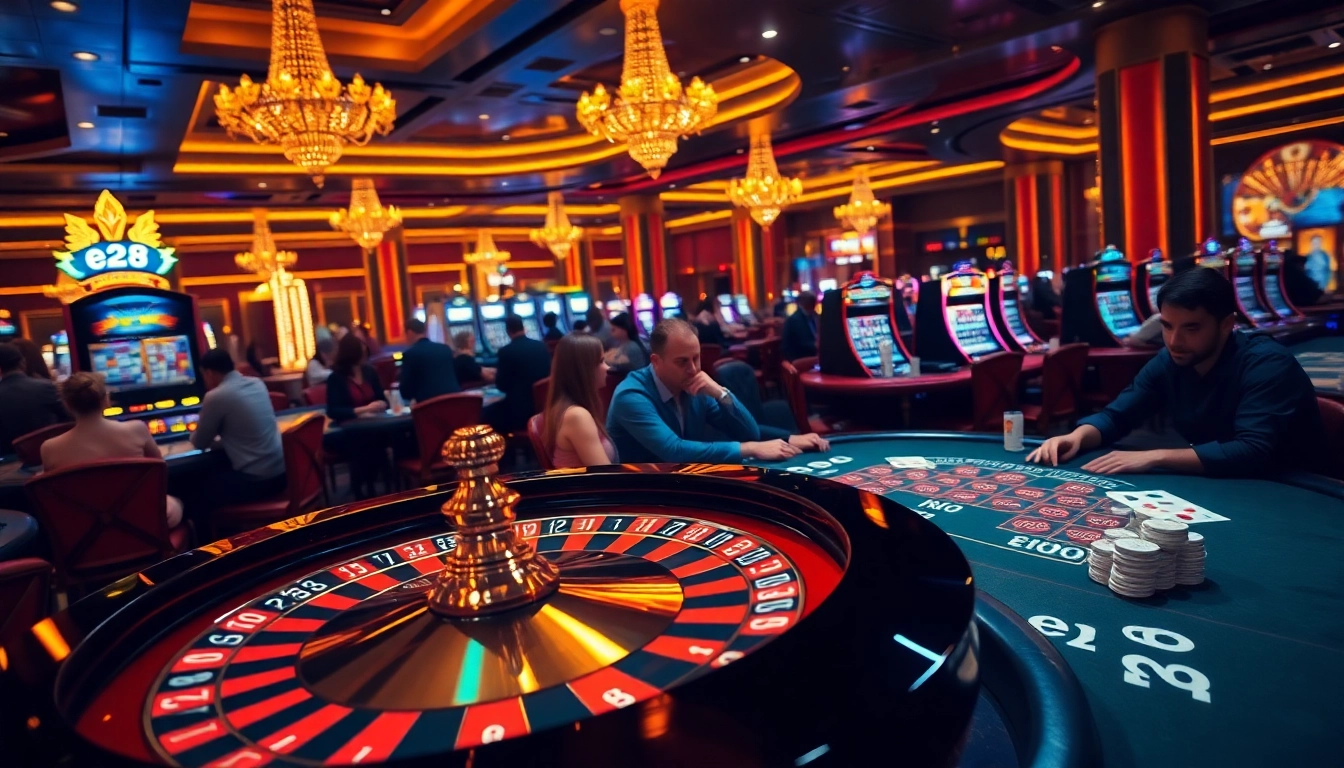 A luxurious casino scene featuring e28-themed poker tables and vibrant roulette wheels filled with excited players.