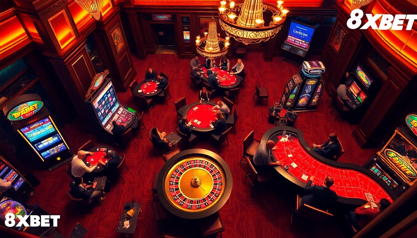 Experience the excitement of 8XBET at a vibrant casino featuring engaging roulette tables, lively players, and high-stakes poker.
