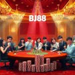 Experience the excitement of BJ88 as gamblers enjoy poker at a luxurious casino table.