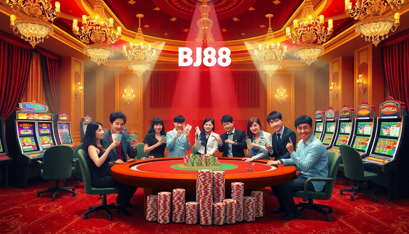 Experience the excitement of BJ88 as gamblers enjoy poker at a luxurious casino table.