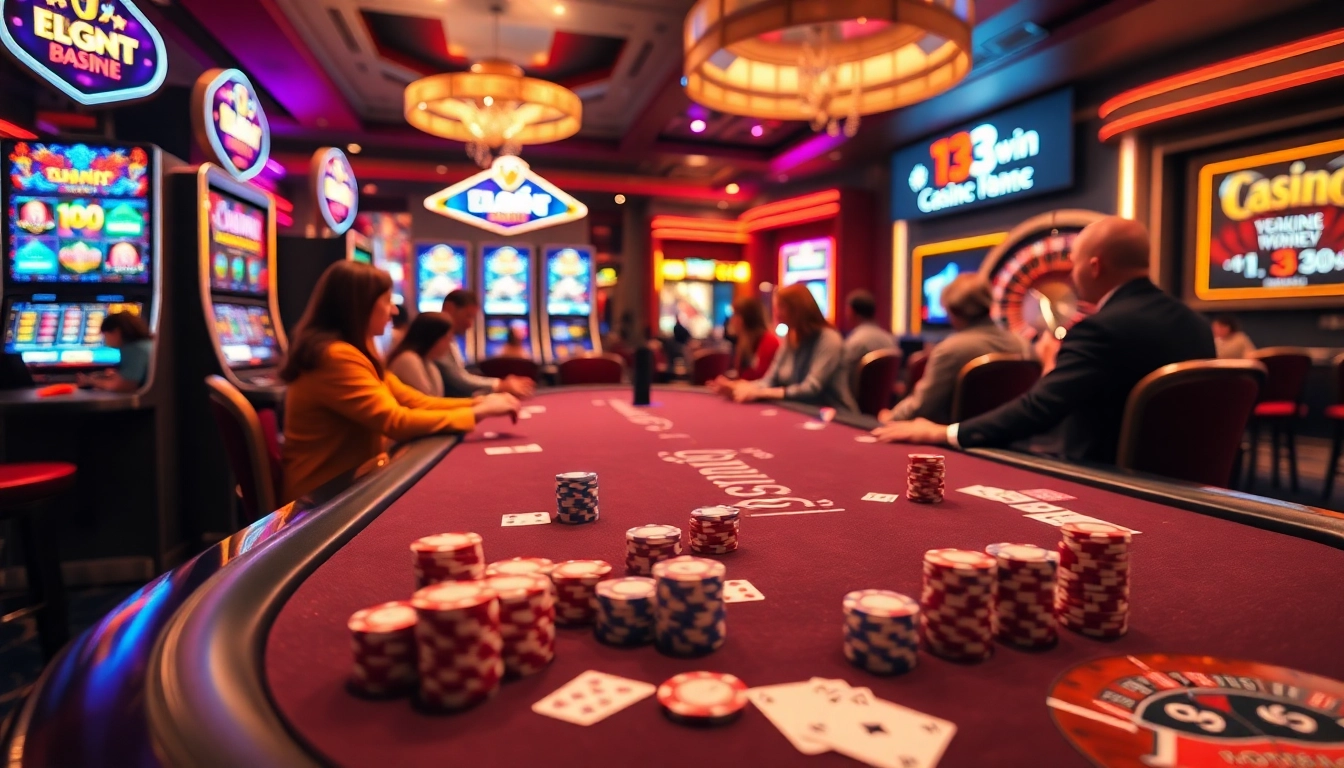 Experience the thrill of 13win with gamers at a vibrant casino, showcasing exciting slot machines and poker tables.