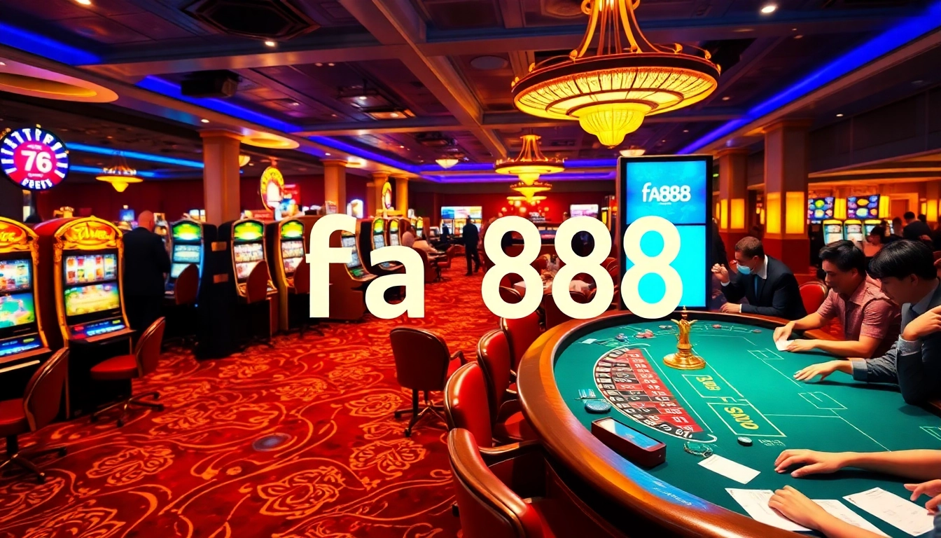 Exciting scene of players enjoying games at a casino, featuring fa88 accessible slots and poker tables.