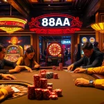 88AA banner above a vibrant casino floor with players at a poker table, roulette wheel, and dazzling slot machines.