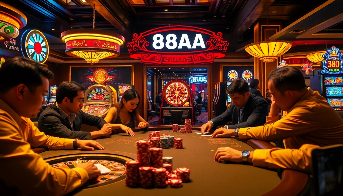 88AA banner above a vibrant casino floor with players at a poker table, roulette wheel, and dazzling slot machines.