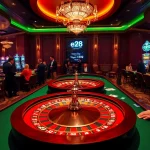 Experience the thrill of winning at an e28-themed casino with players around a lively roulette wheel.