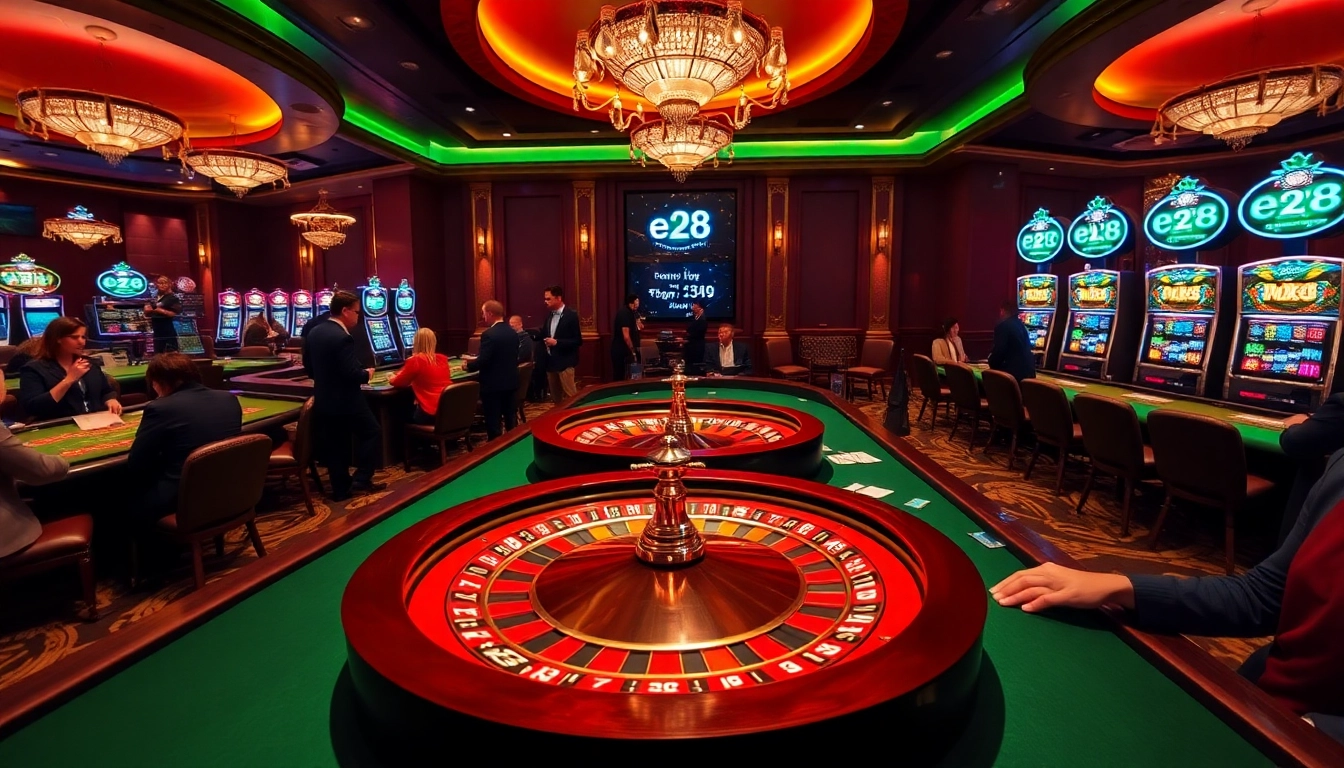 Experience the thrill of winning at an e28-themed casino with players around a lively roulette wheel.