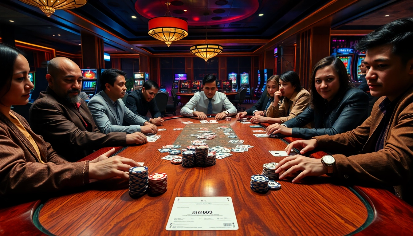 Experience the thrill of poker at https://mm88.sa.com/ with colorful chips and intense players at a high-stakes table.