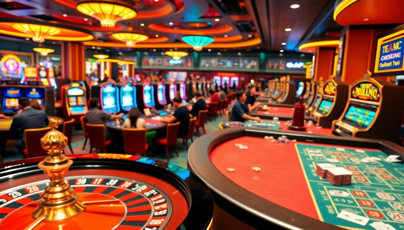 Captivating scene of players immersed in casino action, highlighting a review nhà cái atmosphere with vibrant tables and energetic gameplay.