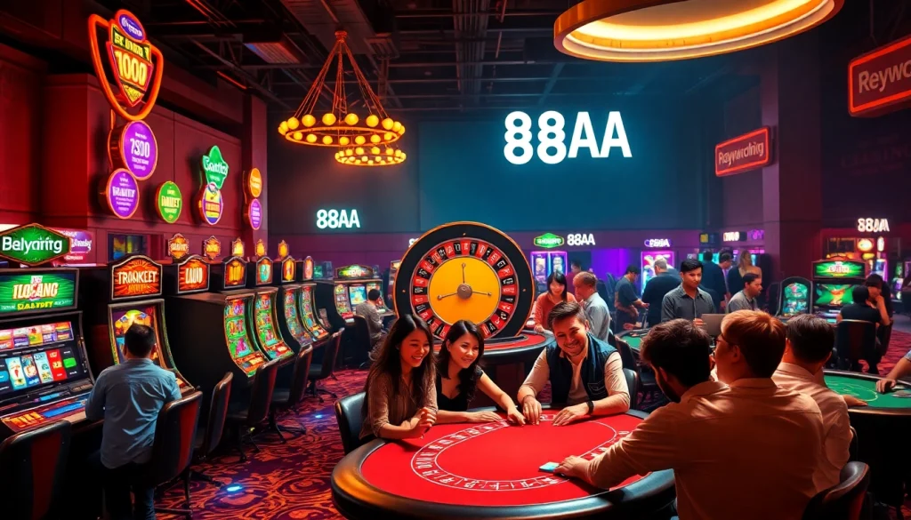 Experience the excitement of the 88AA casino floor with colorful slot machines, players at poker tables, and a vibrant roulette wheel.