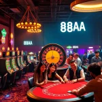 Experience the excitement of the 88AA casino floor with colorful slot machines, players at poker tables, and a vibrant roulette wheel.