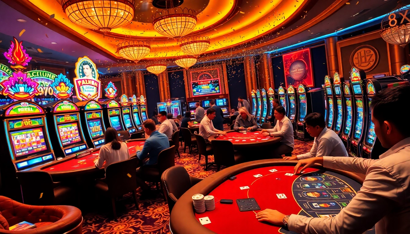 "Exciting gaming scene at Nhà Cái 8XBET, featuring players winning at poker and blackjack tables."