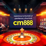 Exciting casino scene featuring cm88 betting on roulette, poker chips, and slot machines.