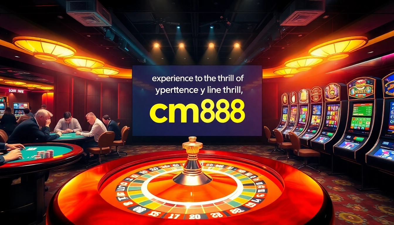 Exciting casino scene featuring cm88 betting on roulette, poker chips, and slot machines.