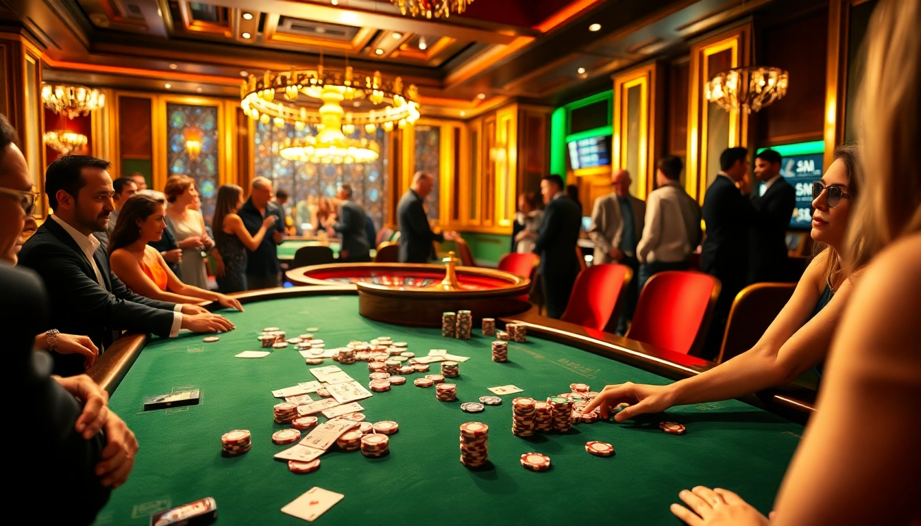 Players enjoying an intense game of poker at the casino 88AA with colorful chips and bright lights.
