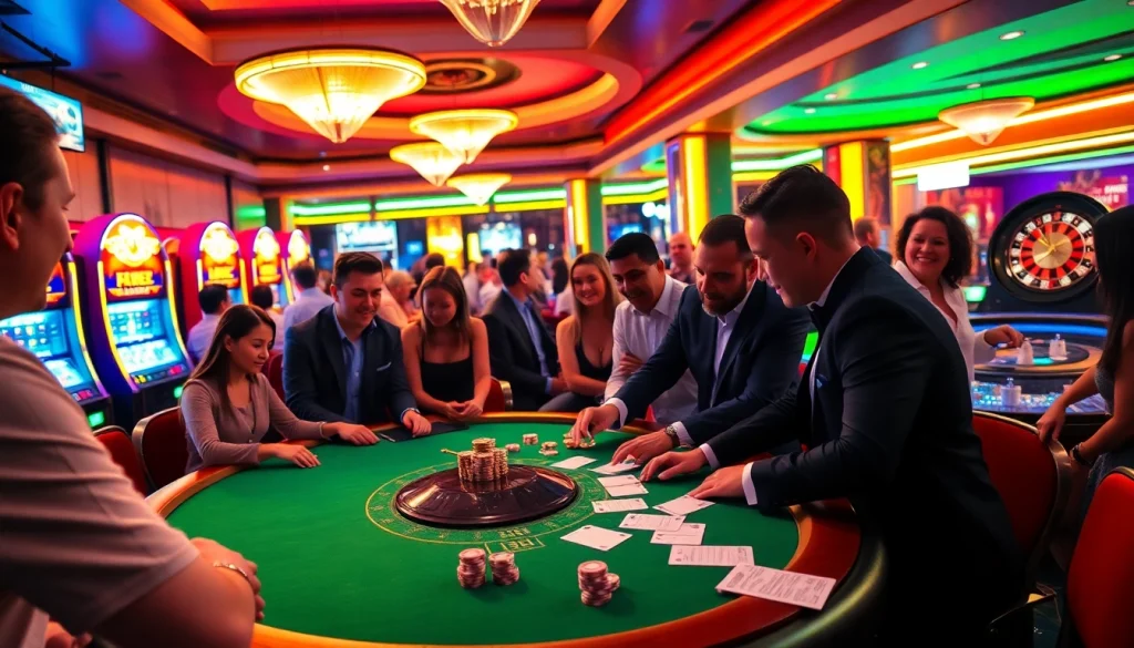 Players at a poker table in a lively casino scene featuring https://mm88.com.se/ for an immersive gambling experience.