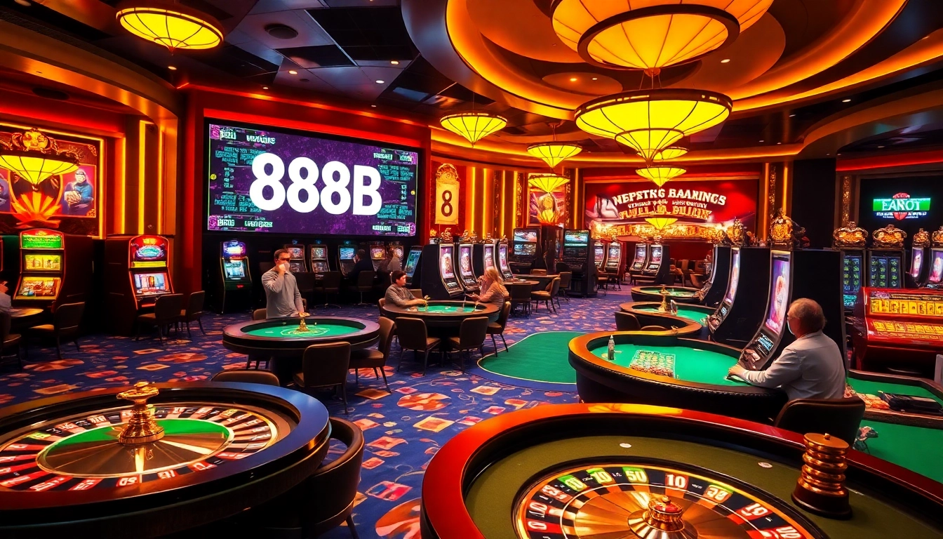 Experience the thrill of 888b gambling with vibrant casino games, colorful chips, and spinning roulette wheels.