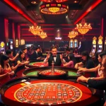 Dynamic casino roulette action featuring players at https://f8beta2.me/ with colorful chips and lights.