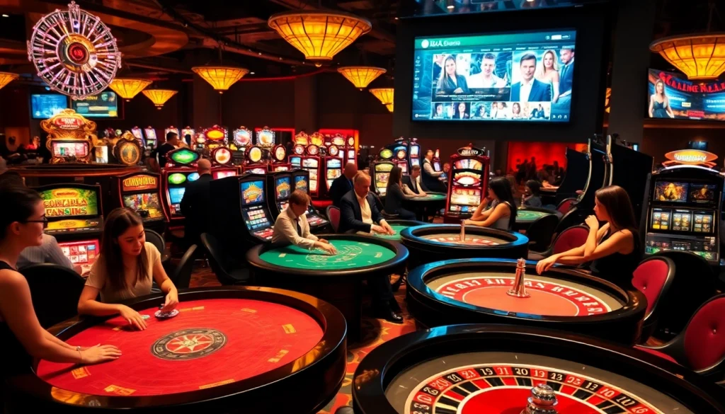 88AA casino scene showcasing vibrant tables and players enjoying thrilling games amidst bright lights.