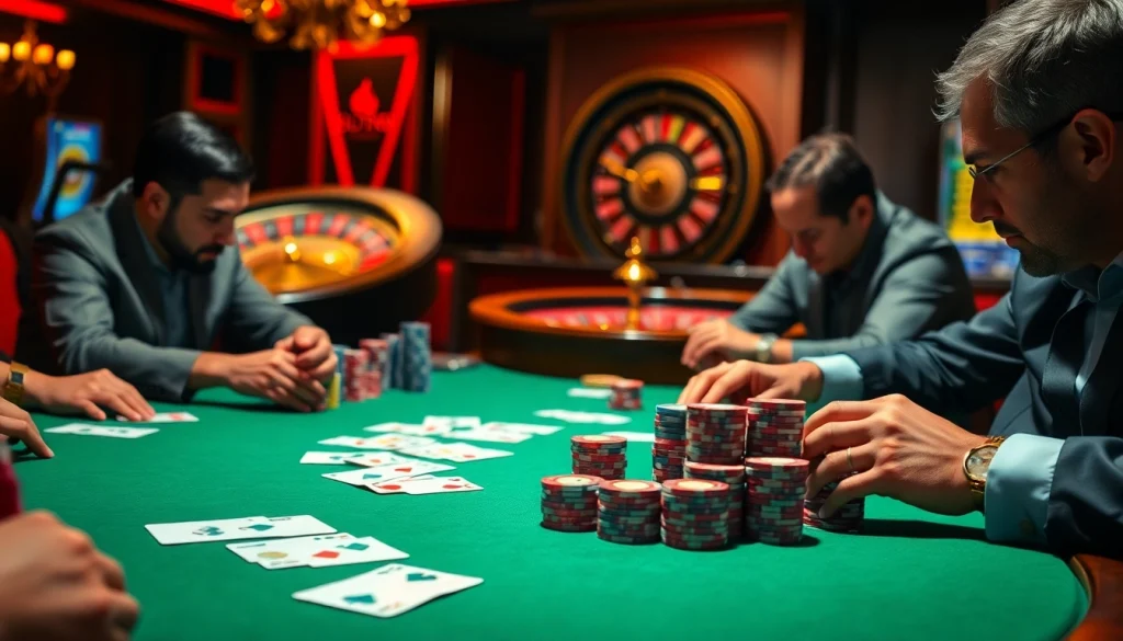 Players strategizing at a poker table in a dazzling casino, showcasing the thrilling atmosphere of gambling at https://mm88.co.uk/.