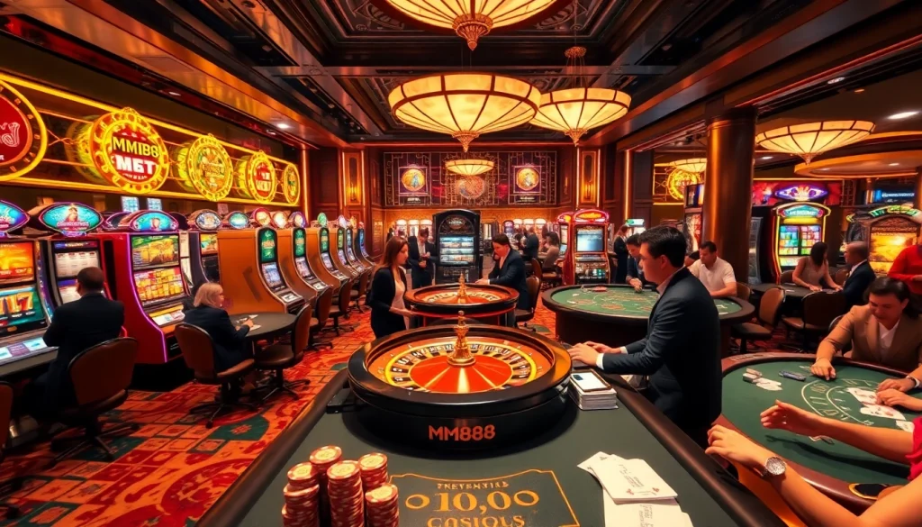 MM88 players celebrate wins at vibrant casino tables filled with poker chips and cards, showcasing thrilling gambling action.