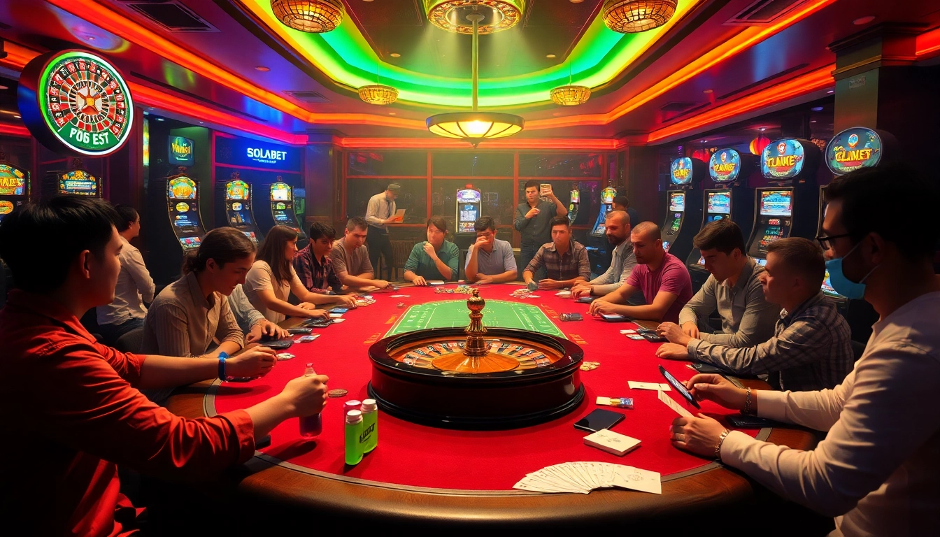 Experience the thrill of Nhà cái Solarbet with vibrant poker tables and roulette action.