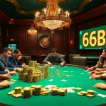 Players betting big at a poker table in a luxurious casino, emphasizing the excitement of 66B winnings.