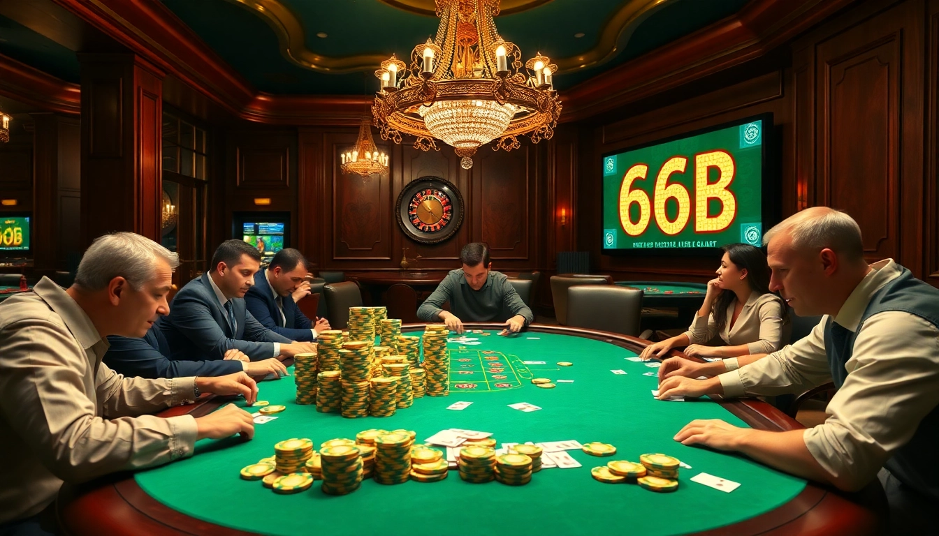 Players betting big at a poker table in a luxurious casino, emphasizing the excitement of 66B winnings.