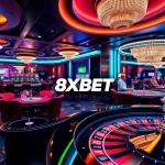 Engage with the vibrant 8XBET casino gaming experience showcasing roulette and poker tables bustling with excitement.