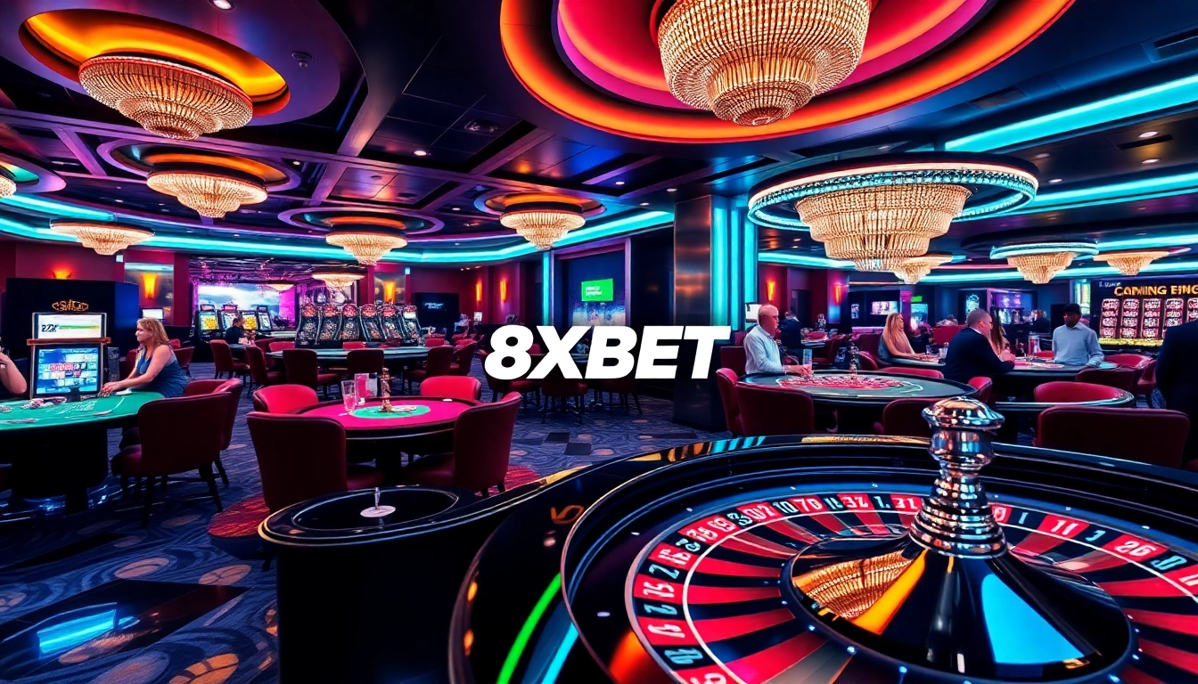 Engage with the vibrant 8XBET casino gaming experience showcasing roulette and poker tables bustling with excitement.
