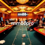 mm88pro casino scene featuring vibrant poker games, roulette tables, and exciting players fully engaged.