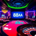 88AA digital sign displays in a bustling casino setting with poker chips and players engaged in the thrill of the game.