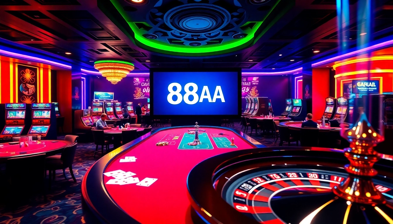 88AA digital sign displays in a bustling casino setting with poker chips and players engaged in the thrill of the game.