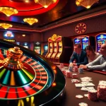 Experience the thrilling atmosphere of 789f's casino scene, highlighting players at the poker table amidst vibrant slot machines.