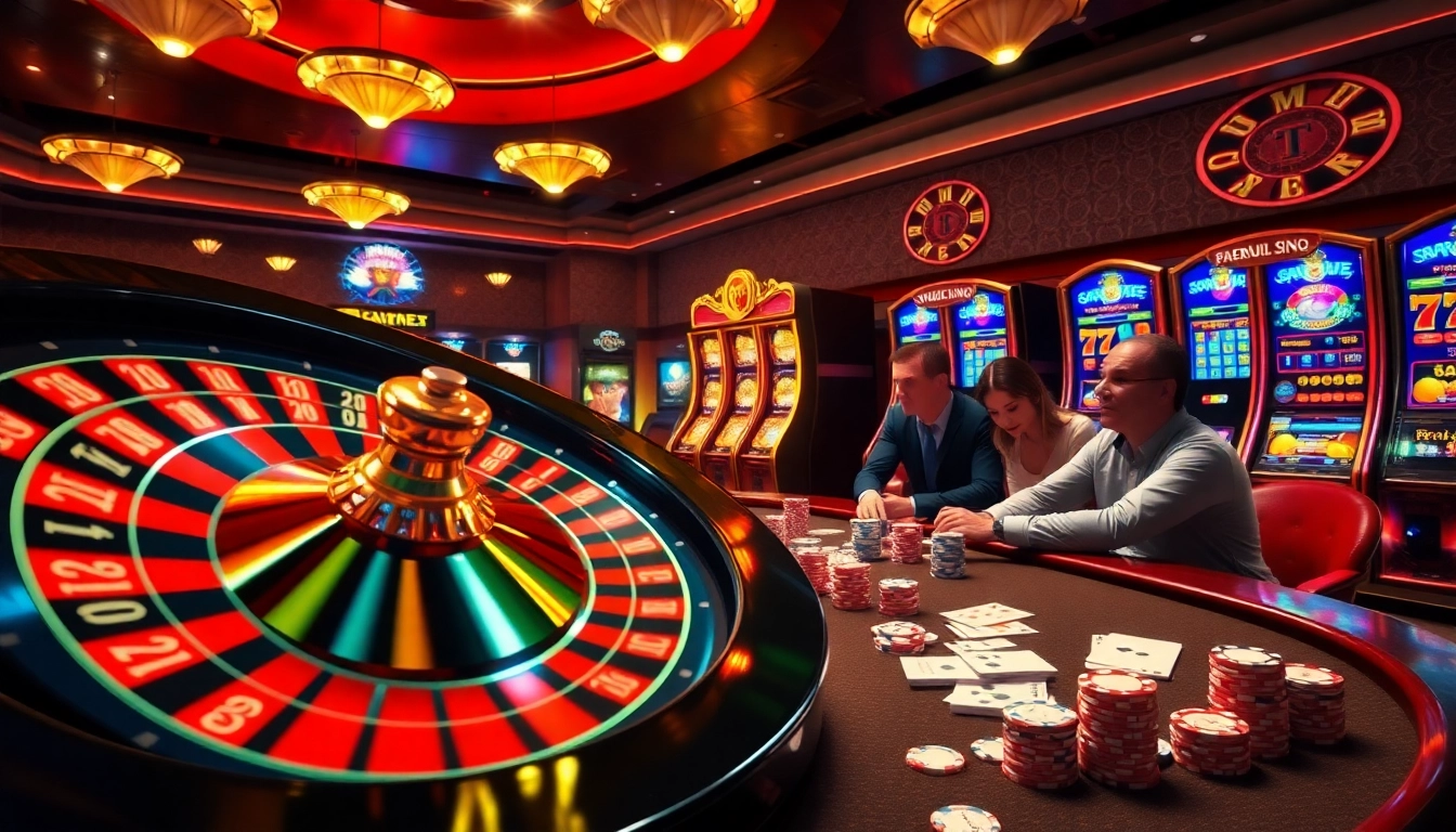 Experience the thrilling atmosphere of 789f's casino scene, highlighting players at the poker table amidst vibrant slot machines.