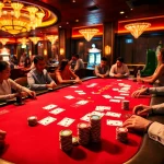 Gamblers enjoying the excitement of poker at Nhà cái VUABAI9 with vibrant cards and chips.