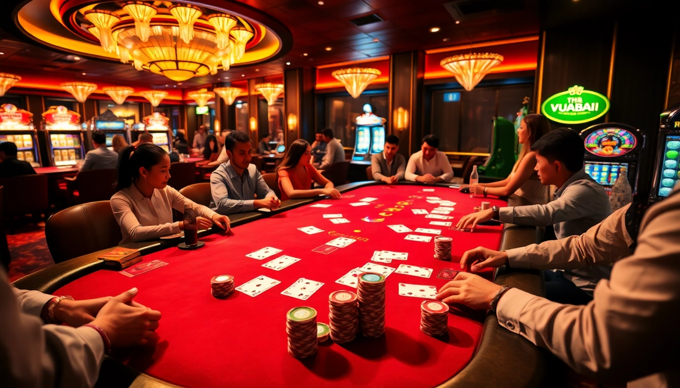 Gamblers enjoying the excitement of poker at Nhà cái VUABAI9 with vibrant cards and chips.