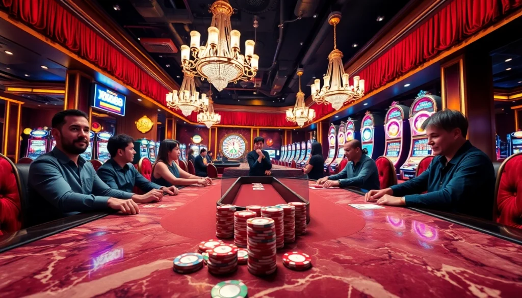 Experience an exciting poker game at a vibrant casino with XX88 branding, showcasing high-stakes players and colorful chips.