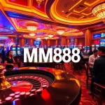 Exciting MM88 casino scene with players at poker tables and a roulette wheel, showcasing vibrant gambling action.
