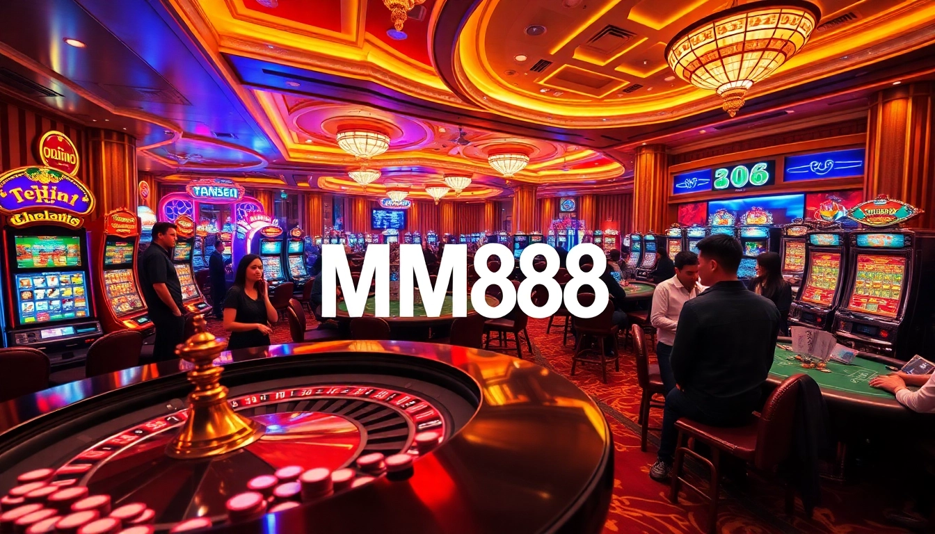 Exciting MM88 casino scene with players at poker tables and a roulette wheel, showcasing vibrant gambling action.