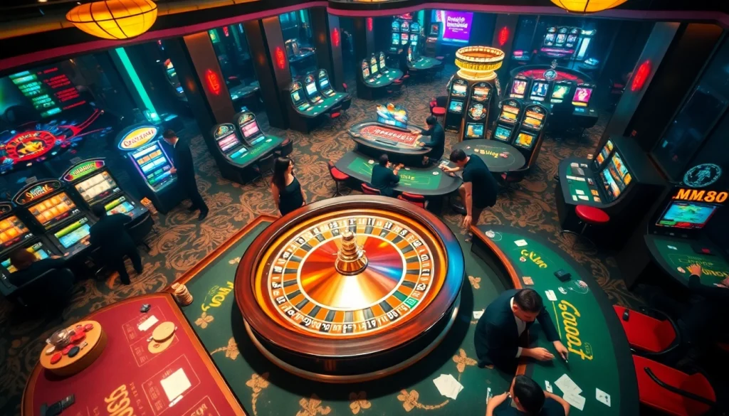 MM88 casino scene featuring vibrant roulette, poker tables, and slot machines.