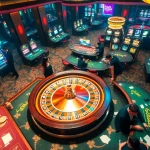 MM88 casino scene featuring vibrant roulette, poker tables, and slot machines.