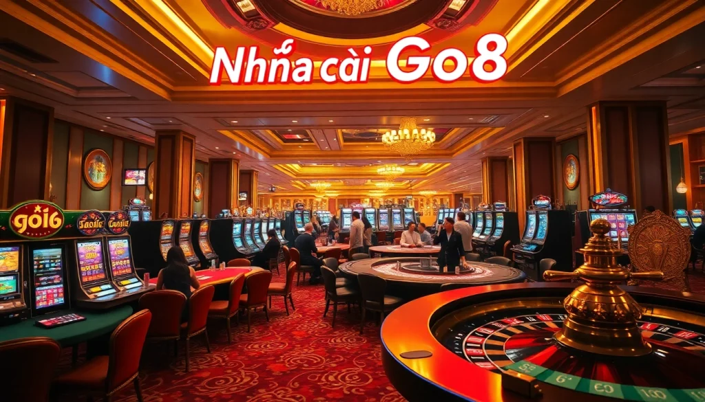 Players enjoying high-stakes poker at Nhà cái Go8 casino, featuring glamorous tables and vibrant atmosphere.