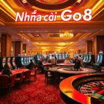 Players enjoying high-stakes poker at Nhà cái Go8 casino, featuring glamorous tables and vibrant atmosphere.