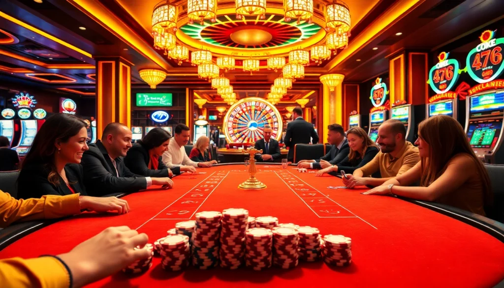 Excitement at QQ88 to with players at a vibrant poker table amid colorful gambling elements.