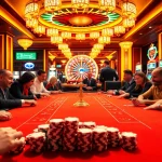 Excitement at QQ88 to with players at a vibrant poker table amid colorful gambling elements.