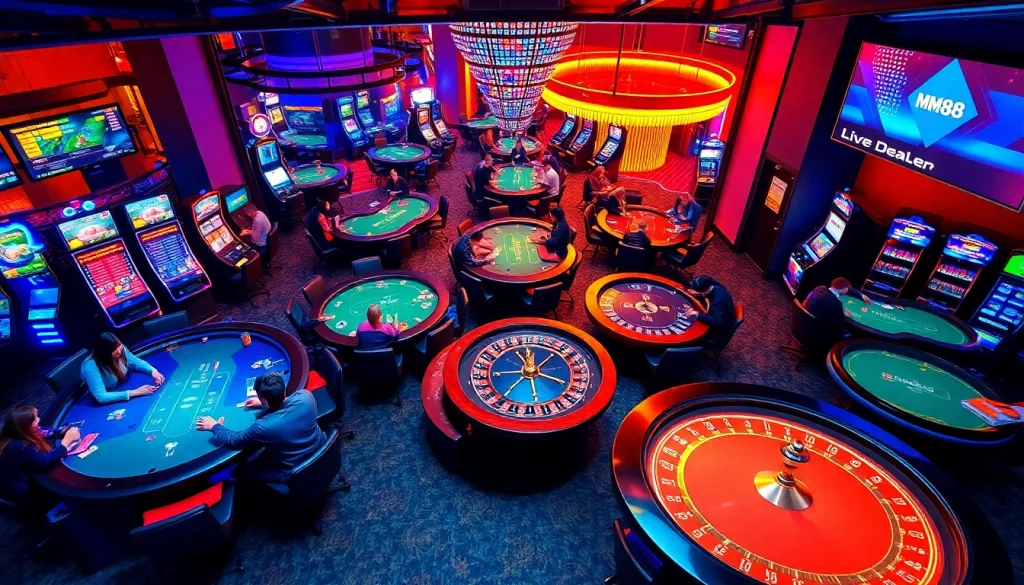 Experience the thrill of MM88 online casino gaming, featuring vibrant tables and players engaged in poker and roulette.