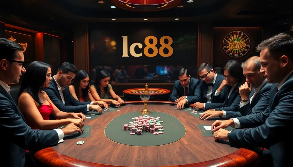 Experience the thrill of high-stakes gambling in the lc88 poker room, filled with intense players and vibrant casino elements.