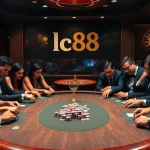 Experience the thrill of high-stakes gambling in the lc88 poker room, filled with intense players and vibrant casino elements.